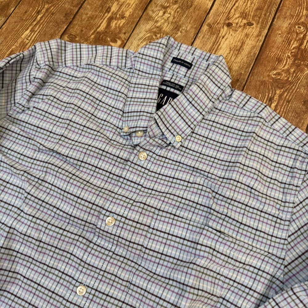 Gap Standard Fit Stretch Button Up Shirt Mens Large Blue Plaid Long Sleeve